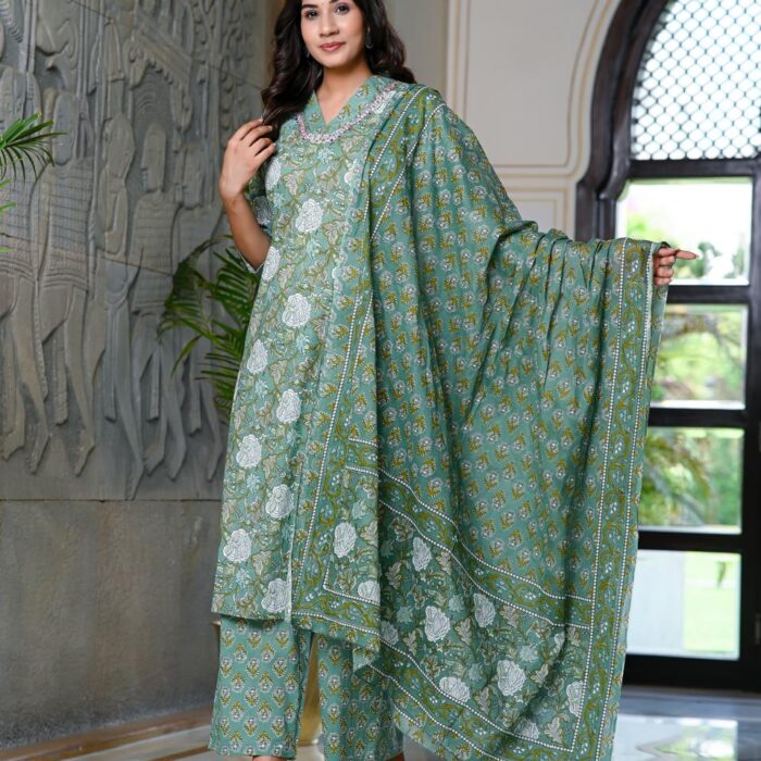 Dark Green Floral Print Cotton Kurta Plazo And Dupatta Set