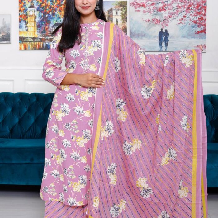 Pink With Floral Print Kurta Palazzo & Dupatta Set