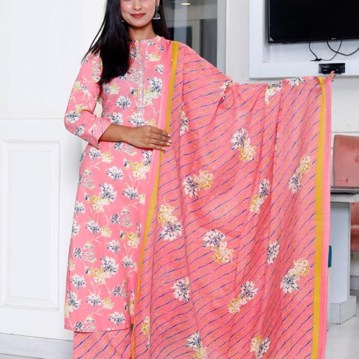 Peach And White Kurta Plazo And Dupatta Set