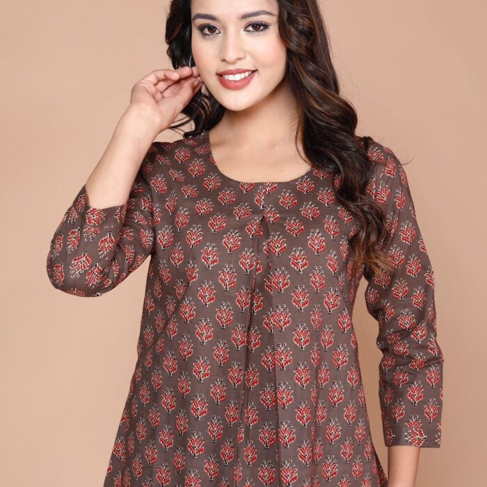 Short Kurti - Brown with Red Floral Print