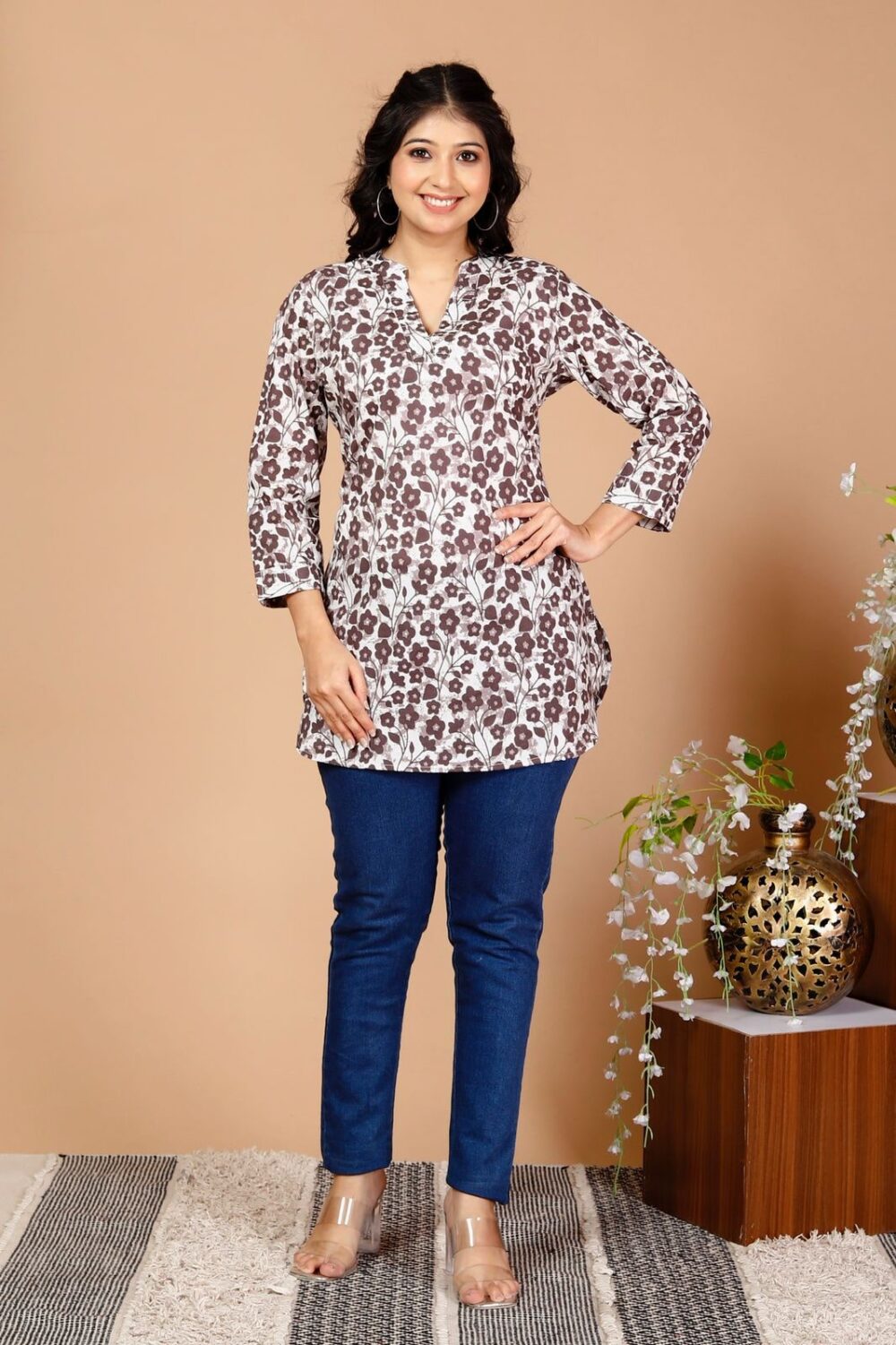 Short Kurti - White With Brown Print