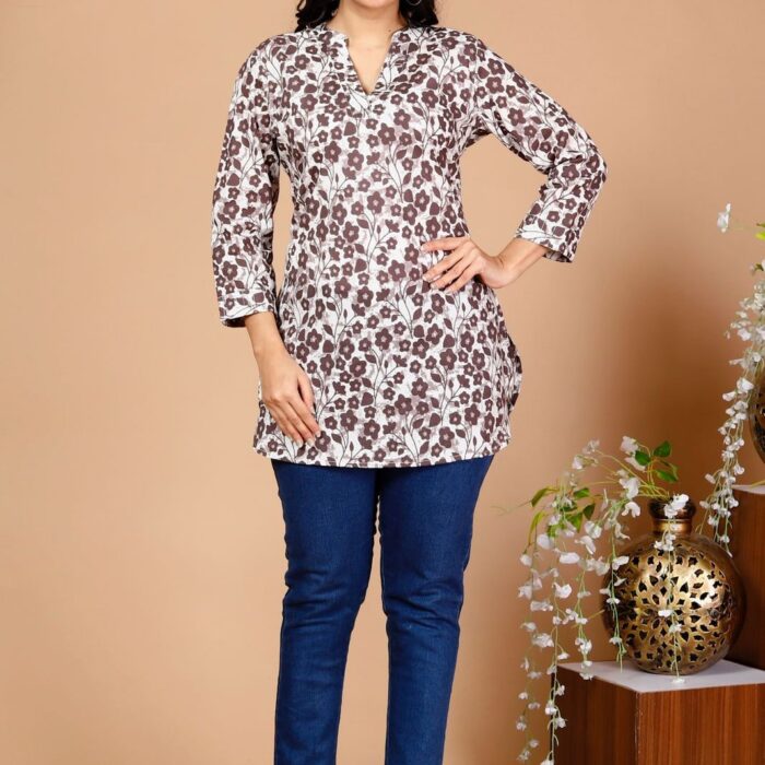 Short Kurti - White With Brown Print