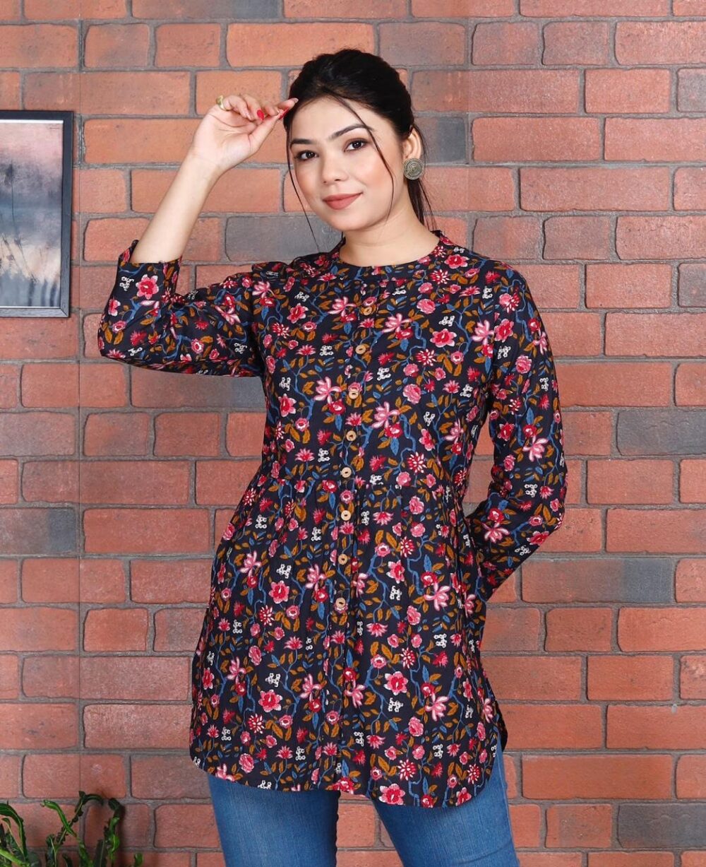Short Kurti - Blue with Pink Floral Print