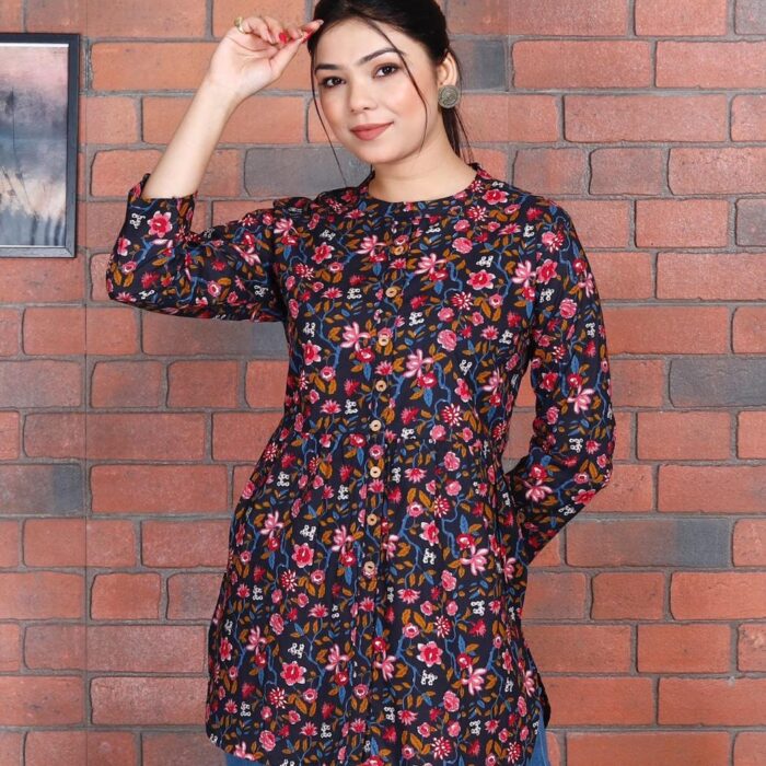 Short Kurti - Blue with Pink Floral Print