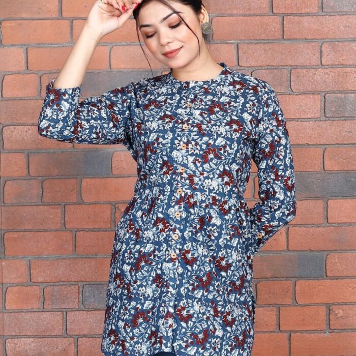 Short Kurti - Blue with White Floral Print