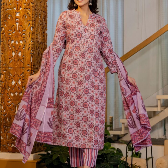 Cotton Summer Dusty Rose Kurti Pant And Dupatta Se
