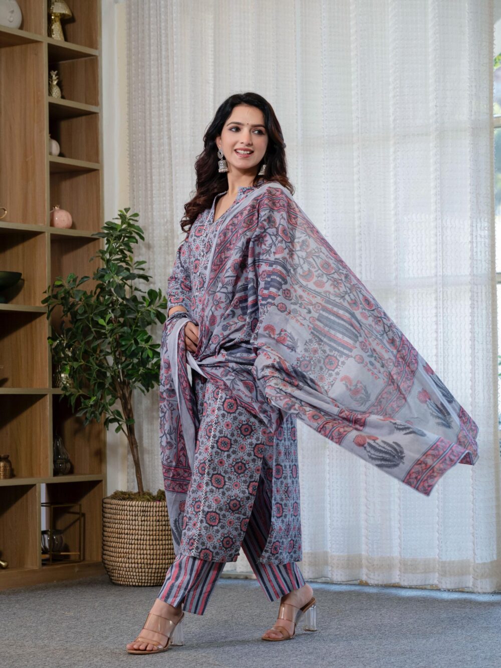 Cotton Summer Gray Kurti Pant And Dupatta Set