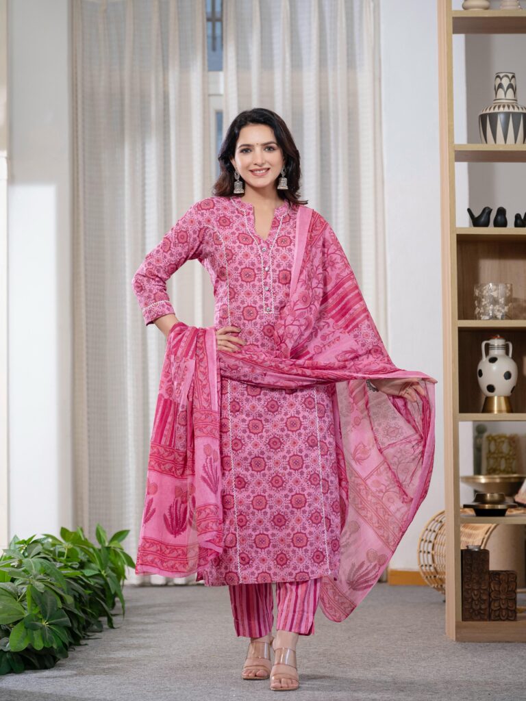 Cotton Summer Pink Kurti Pant And Dupatta Set