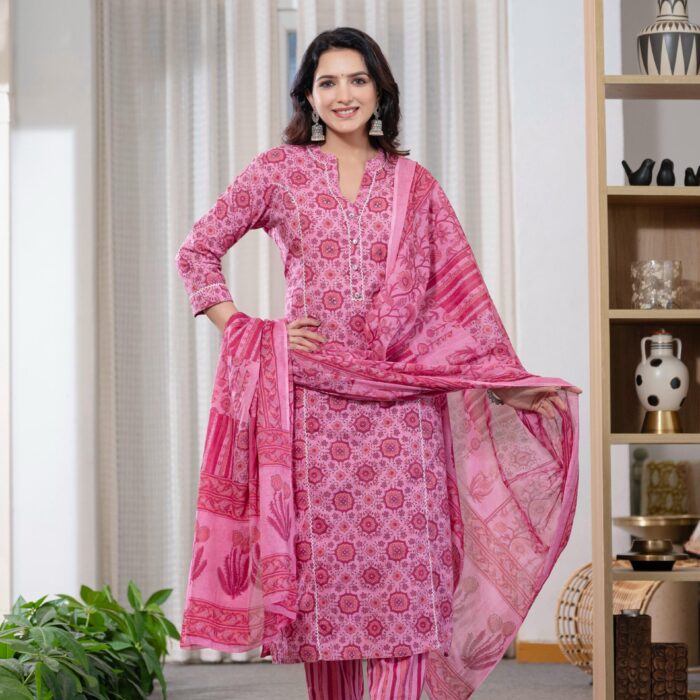 Cotton Summer Pink Kurti Pant And Dupatta Set
