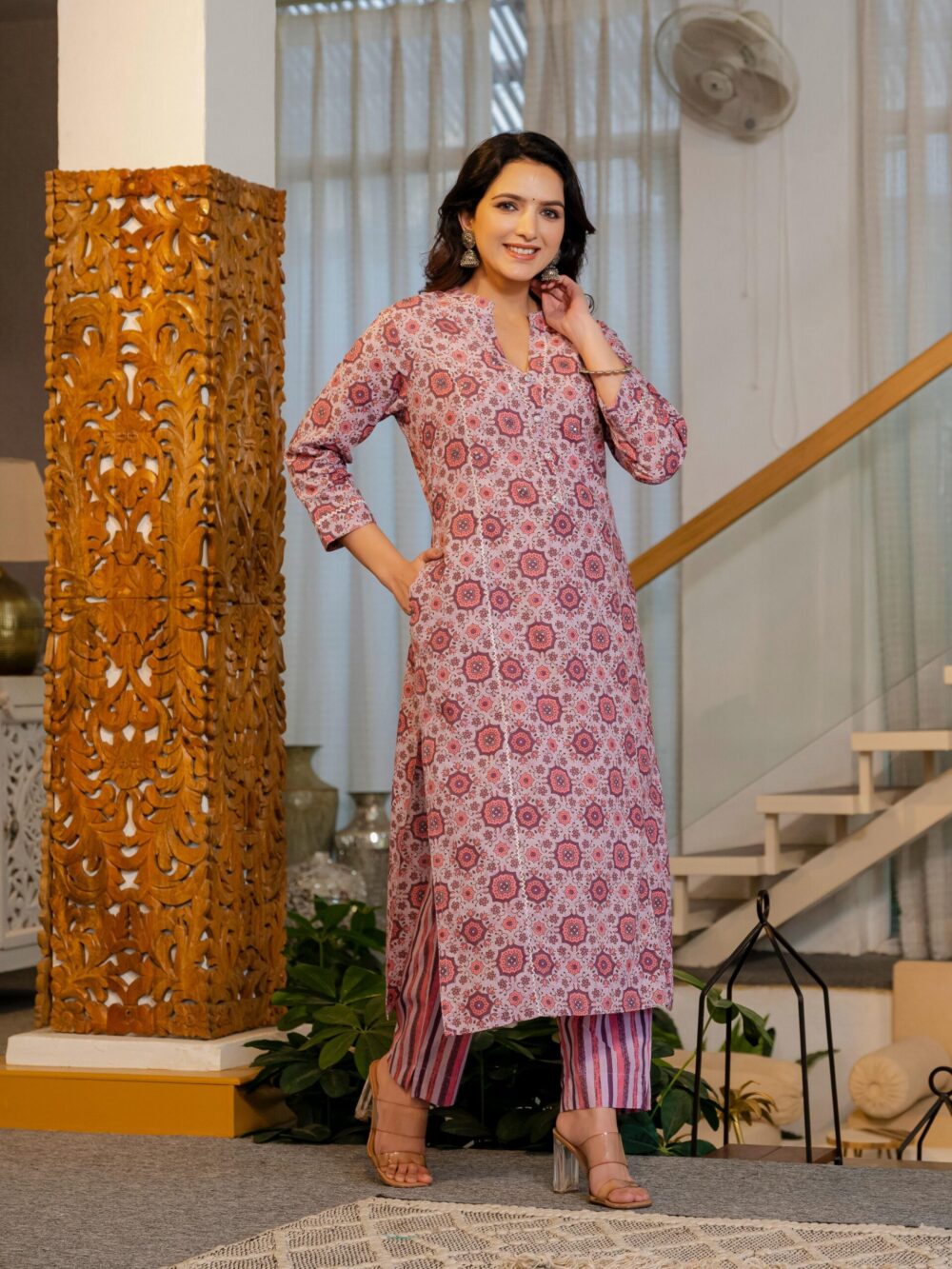 Cotton Summer Dusty Rose Kurti Pant And Dupatta Se