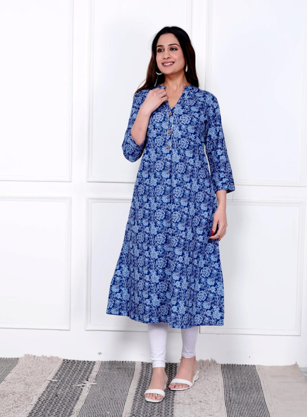 Blue Floral Printed A-line Kurti