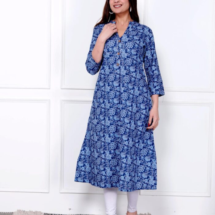 Blue Floral Printed A-line Kurti