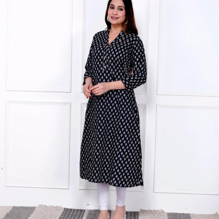Black with White Printed -line Kurti