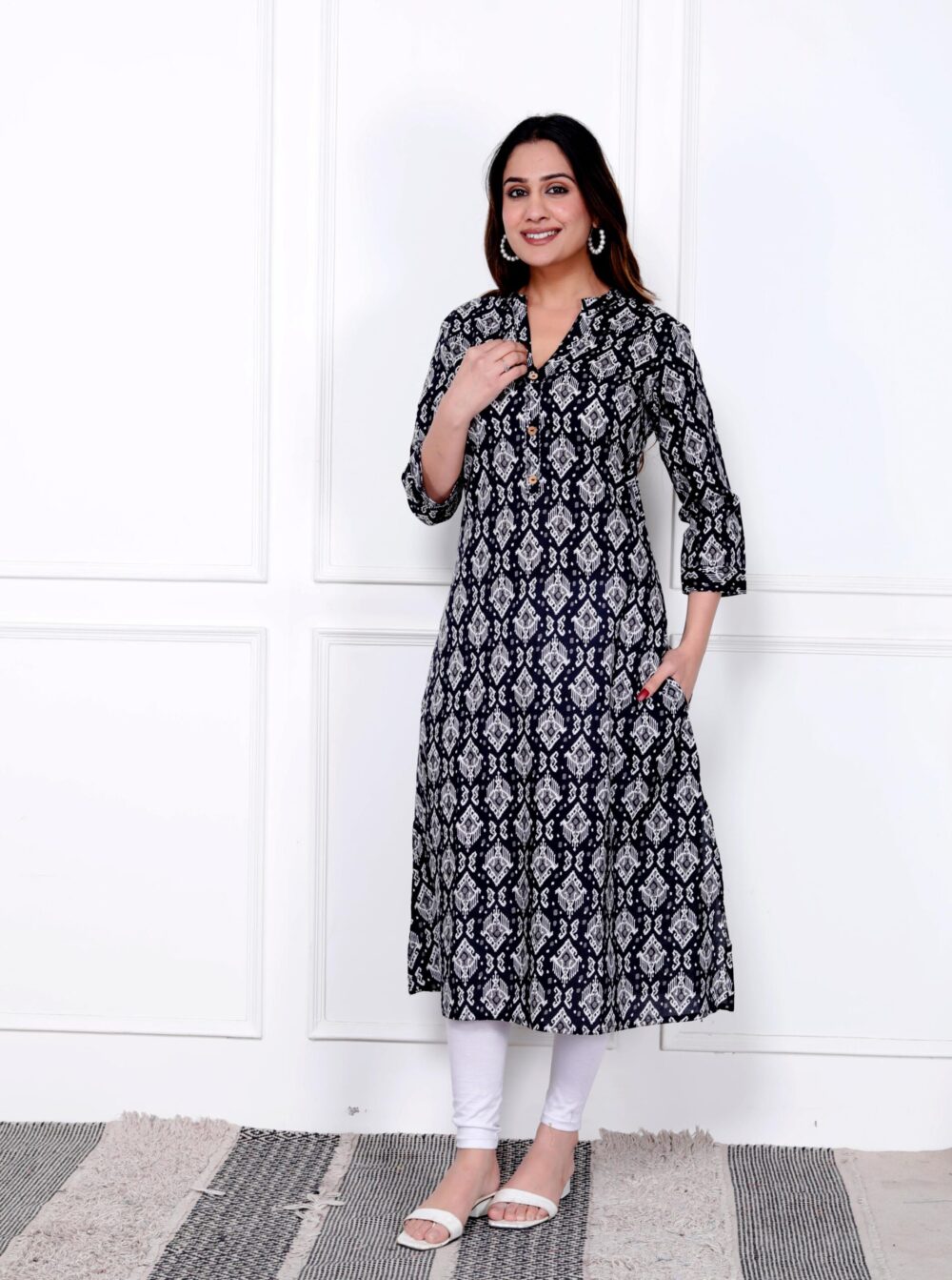 Black with White Floral Print A-line Kurti