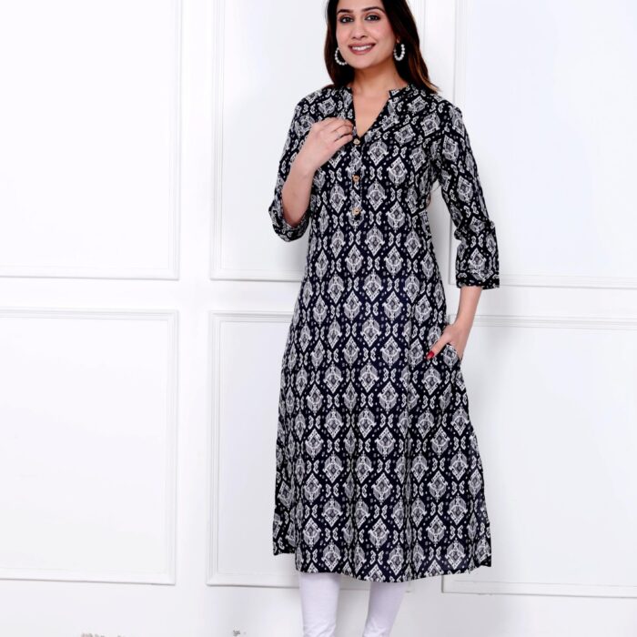 Black with White Floral Print A-line Kurti