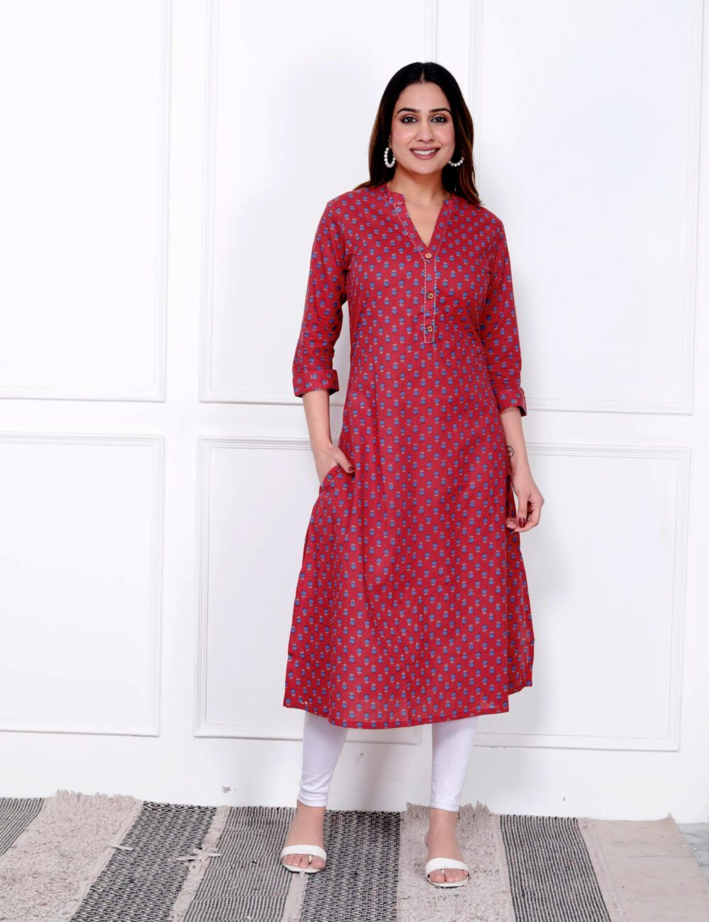 Red with Blue Print A-line Kurti