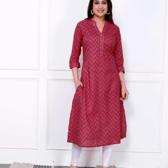 Red with Blue Print A-line Kurti