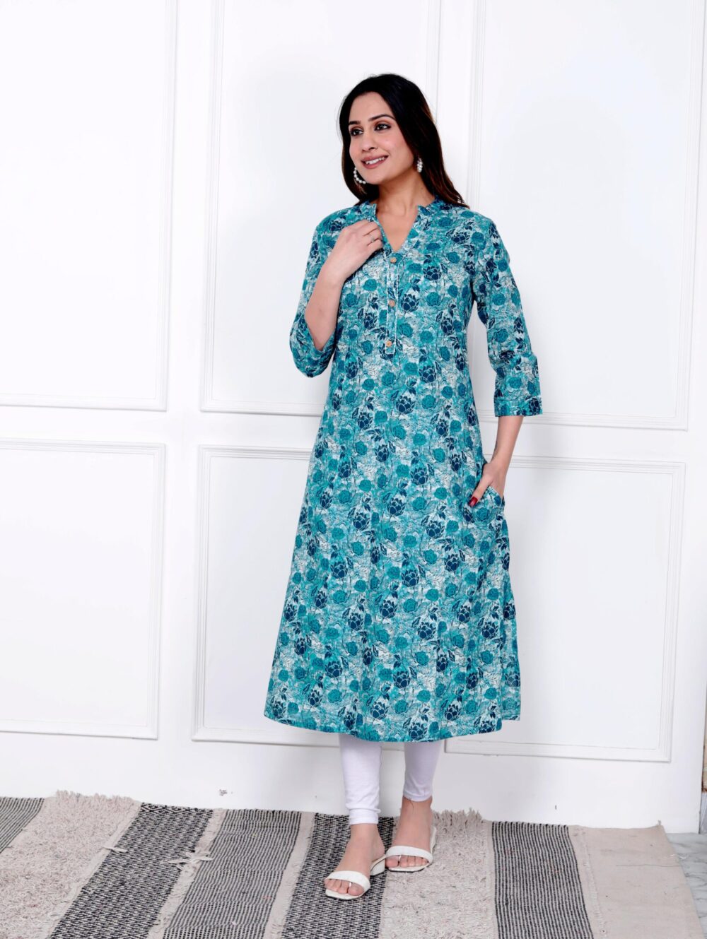 Blue with Blue Print A-line Kurti