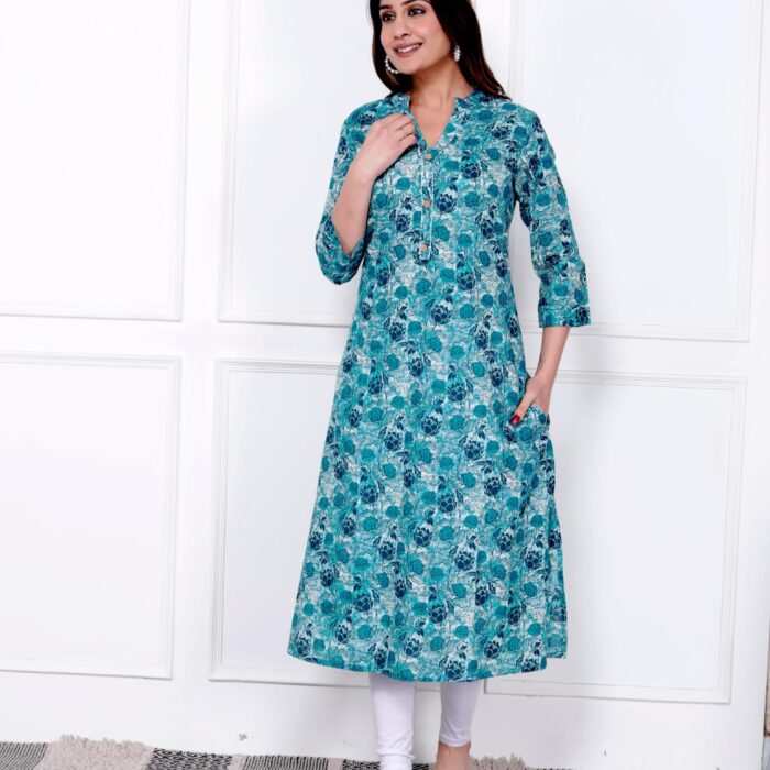 Blue with Blue Print A-line Kurti