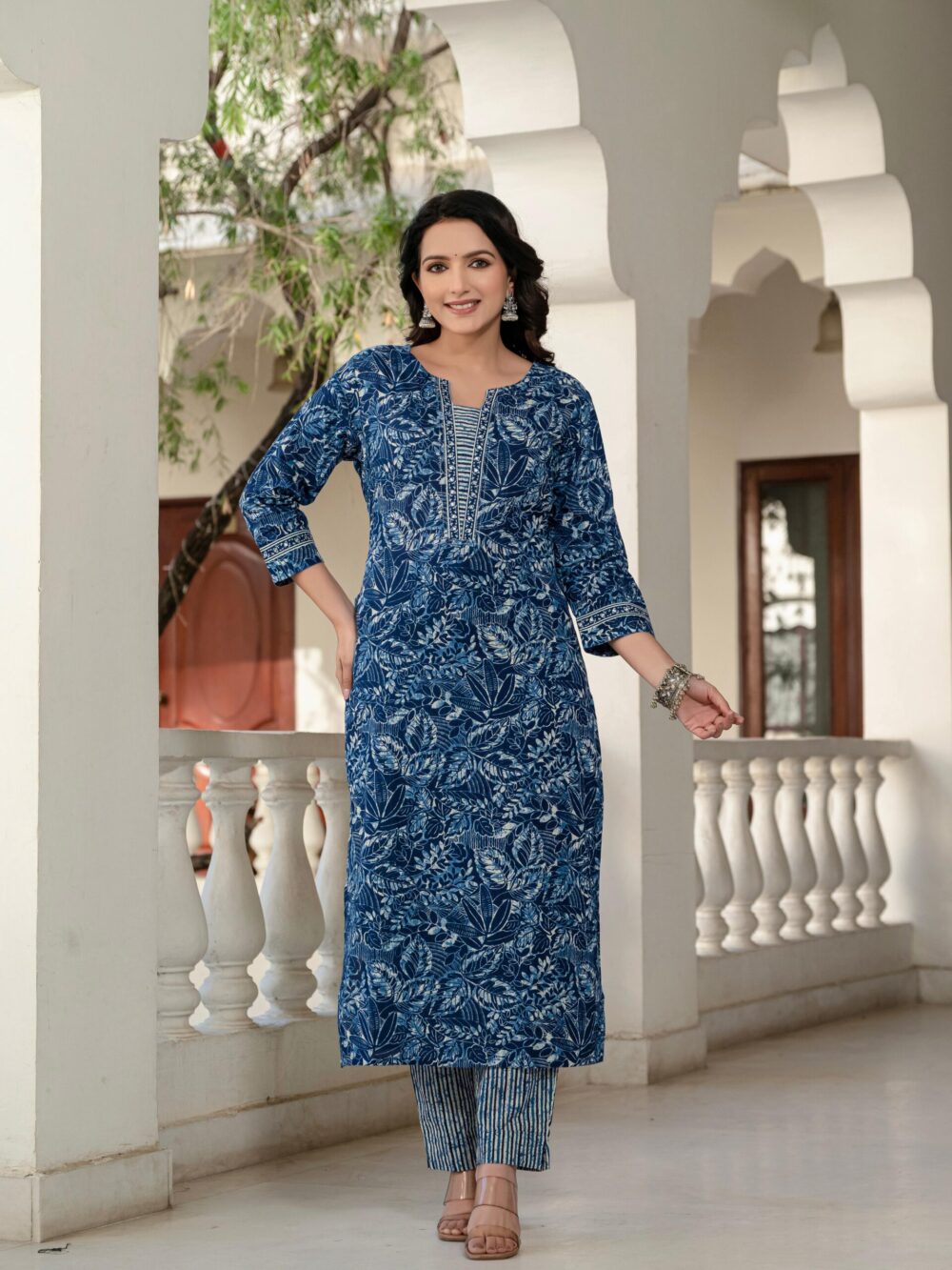Elegant Indigo Cotton Kurta Pant & Dupatta Set