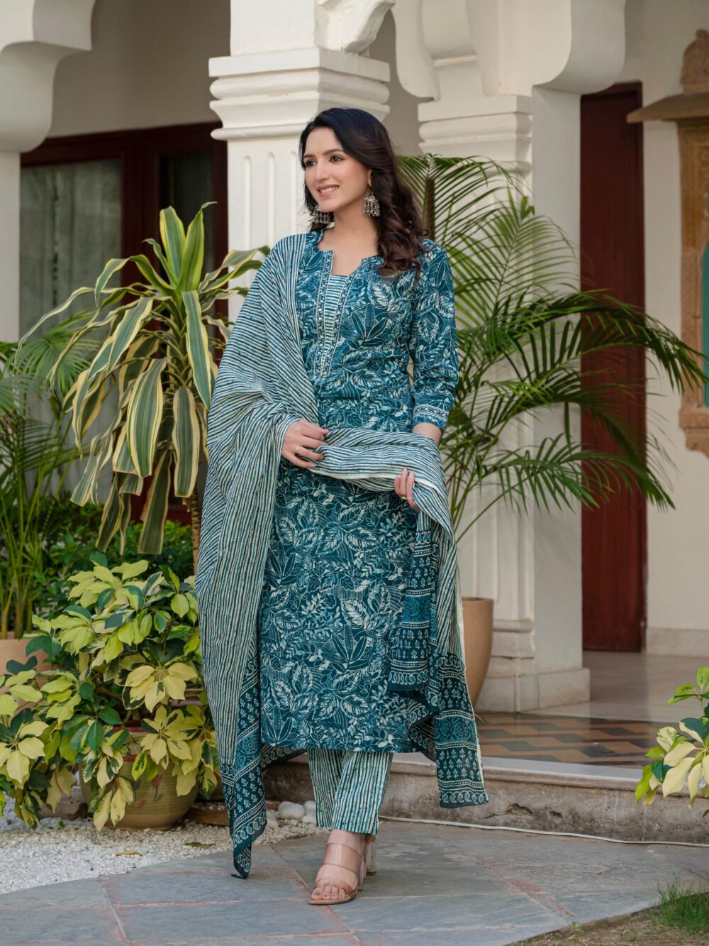 Classic Dark Green Floral Print Kurti Pant & Dupatta Set