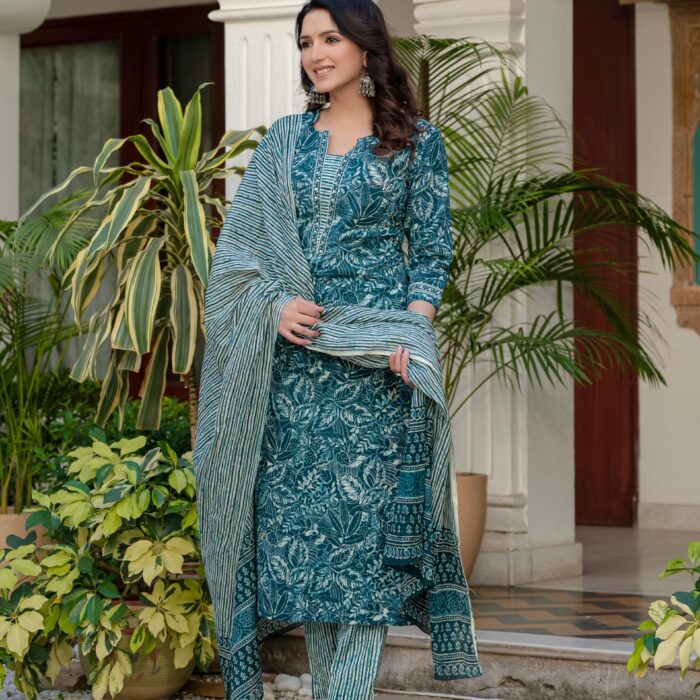 Classic Dark Green Floral Print Kurti Pant & Dupatta Set