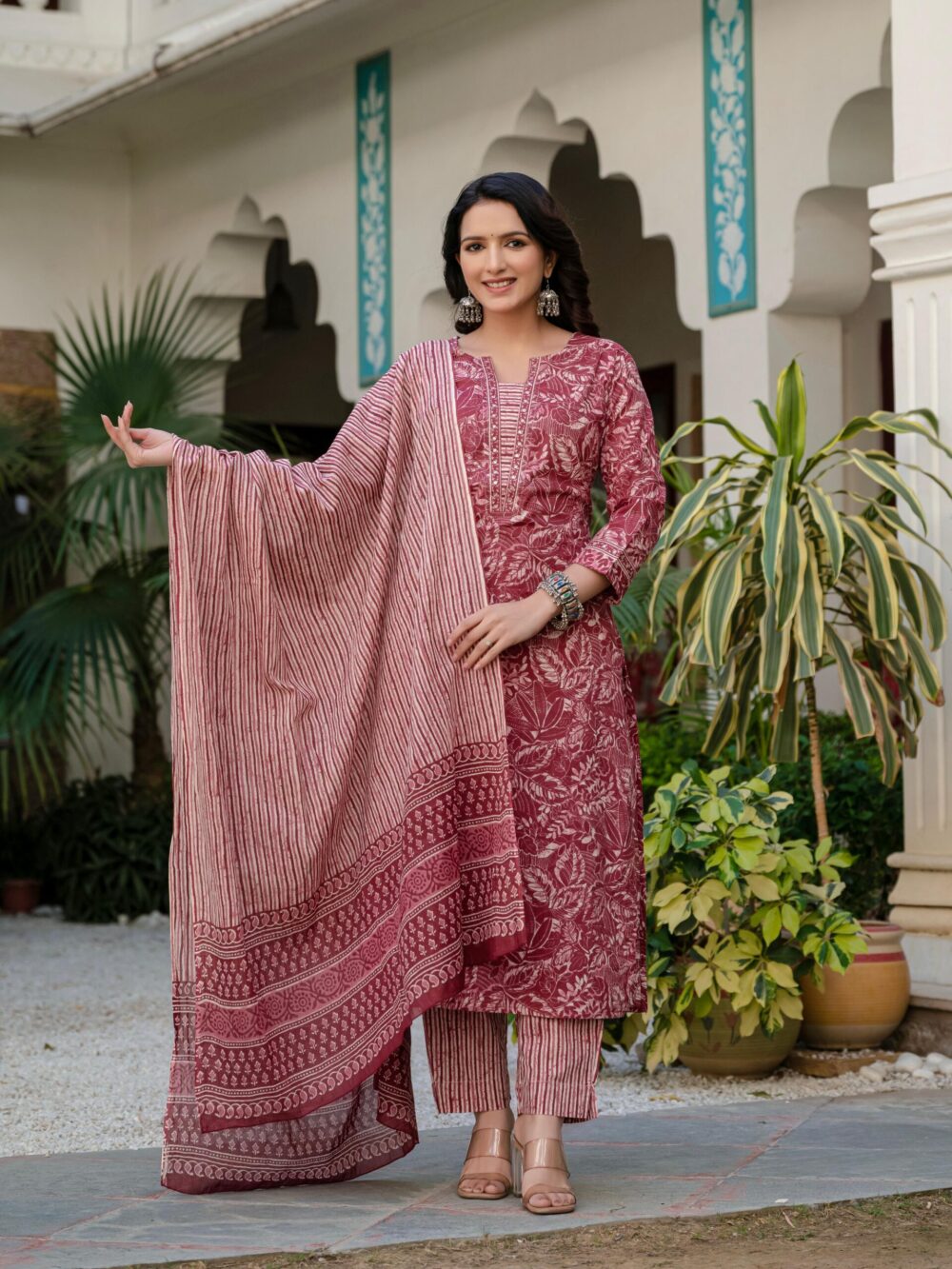 Elegant Maroon Floral Print Kurta Pant & Dupatta set – Premium Quality