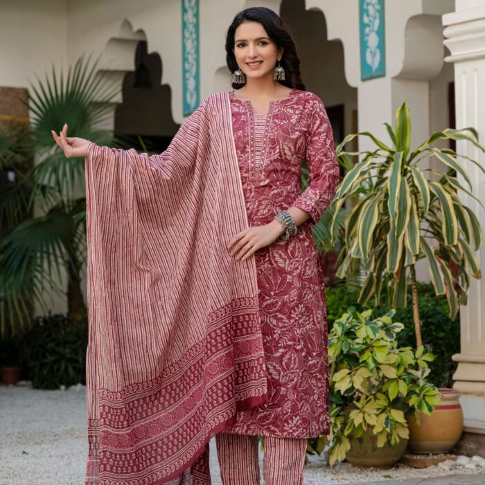 Elegant Maroon Floral Print Kurta Pant & Dupatta set – Premium Quality