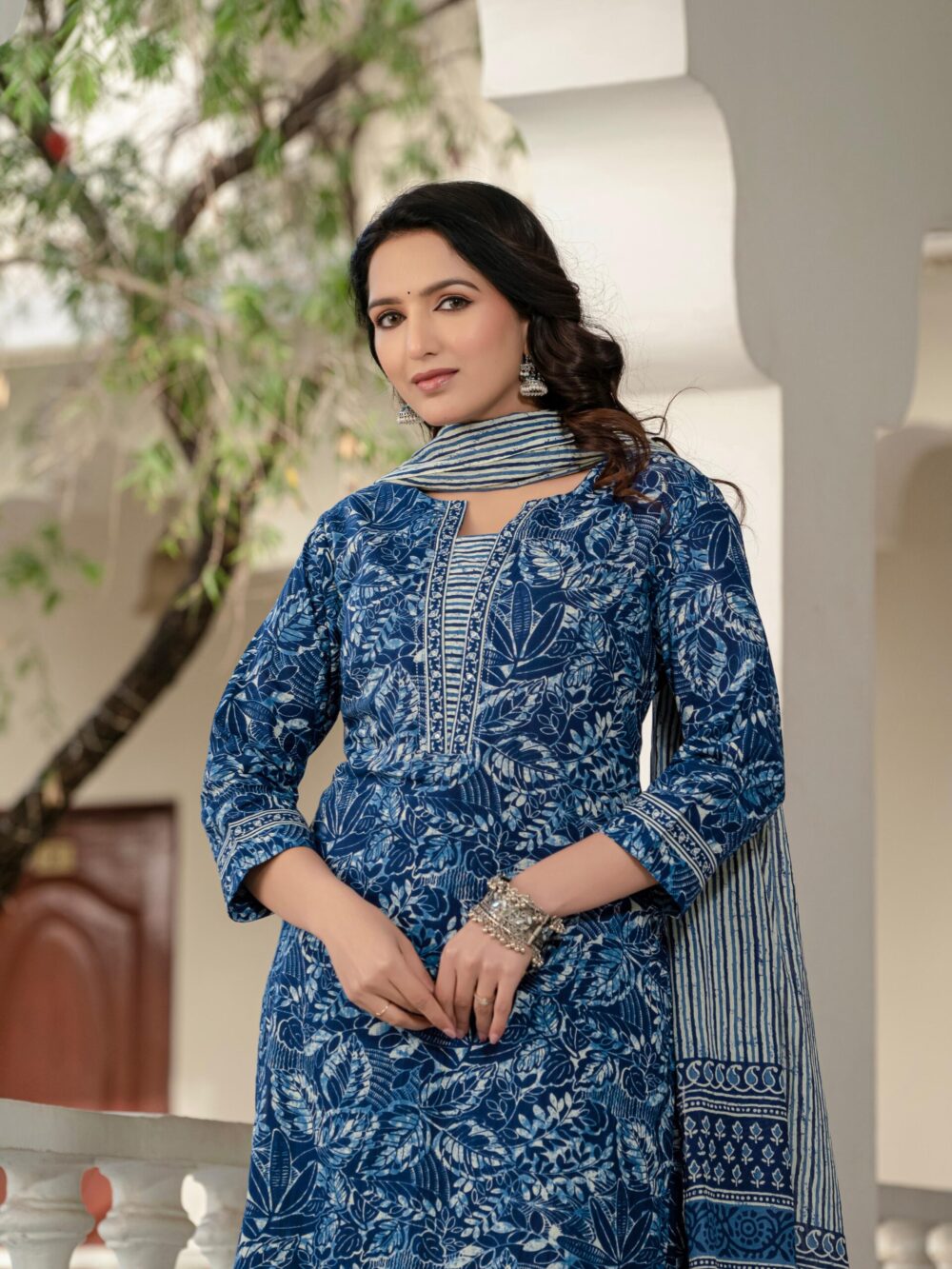 Elegant Indigo Cotton Kurta Pant & Dupatta Set
