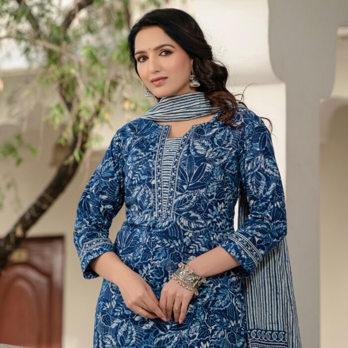 Elegant Indigo Cotton Kurta Pant & Dupatta Set