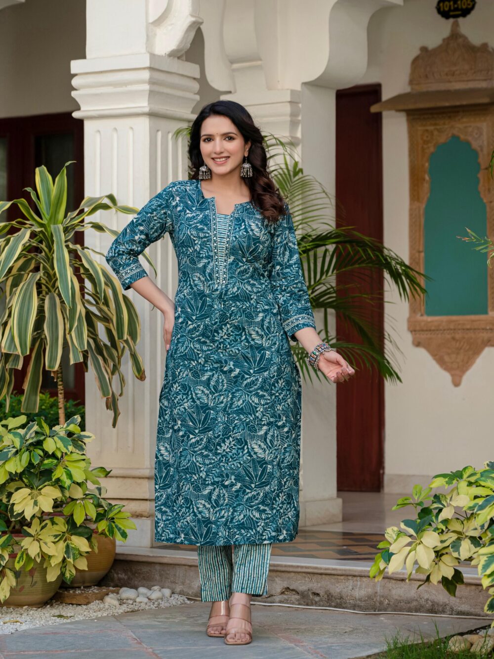 Classic Dark Green Floral Print Kurti Pant & Dupatta Set