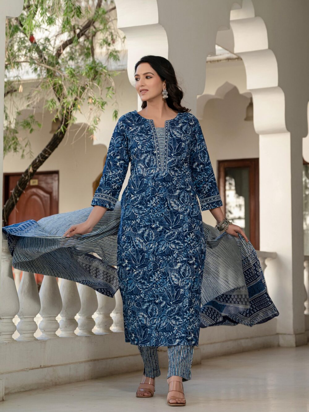 Elegant Indigo Cotton Kurta Pant & Dupatta Set