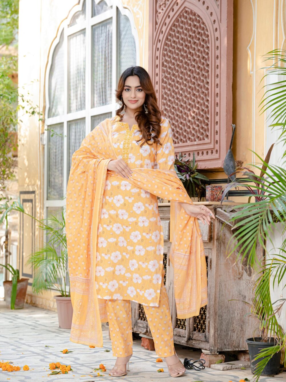 New Yellow Floral Print Cotton Suit Set