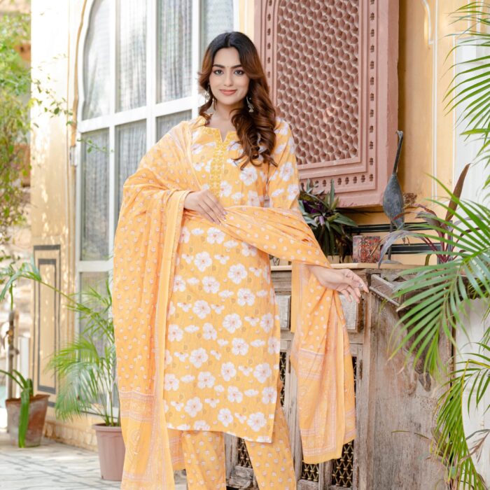 New Yellow Floral Print Cotton Suit Set