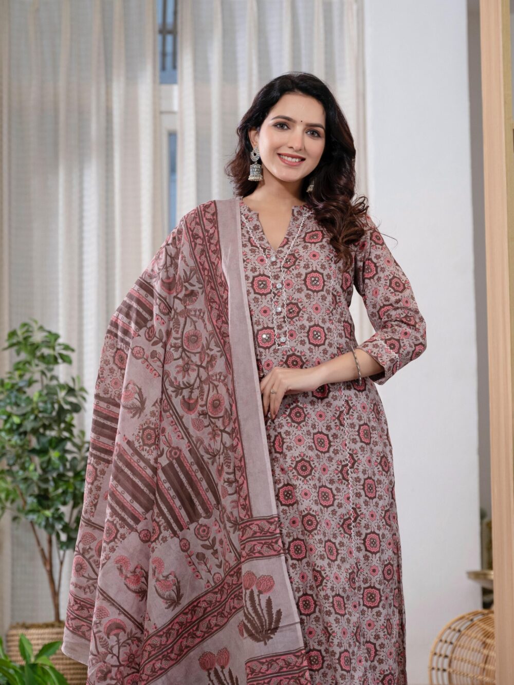 Cotton Summer Dusty Rose Kurti Pant And Dupatta Se