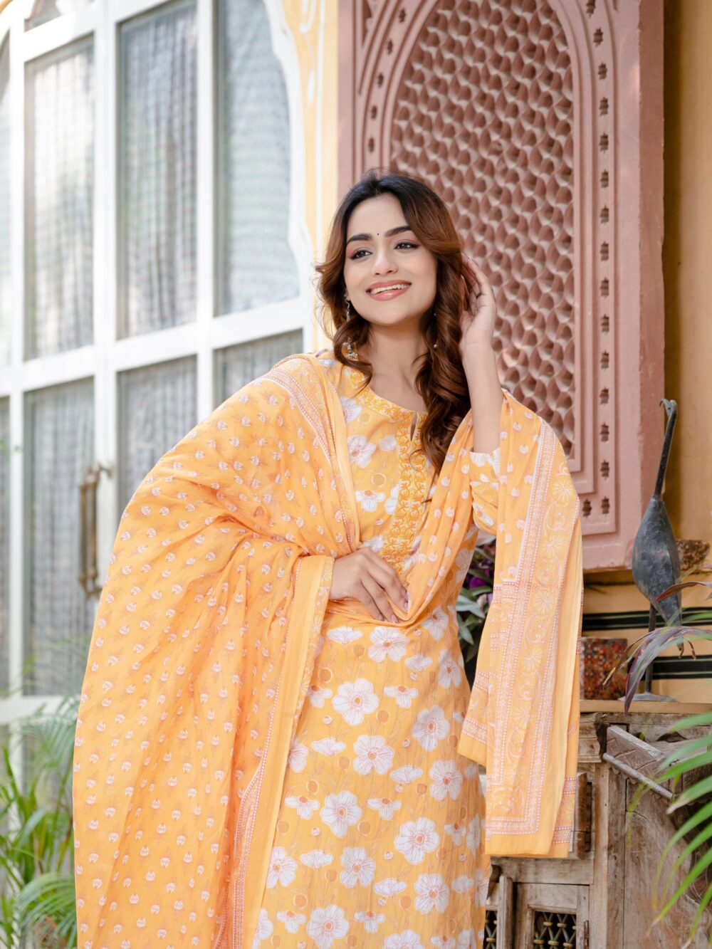 New Yellow Floral Print Cotton Suit Set