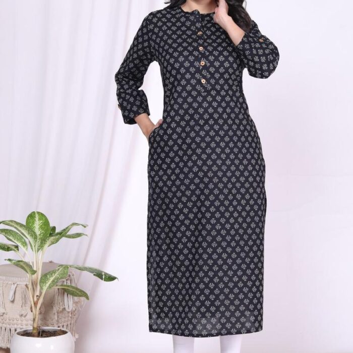 Black Floral Print A-line Kurti