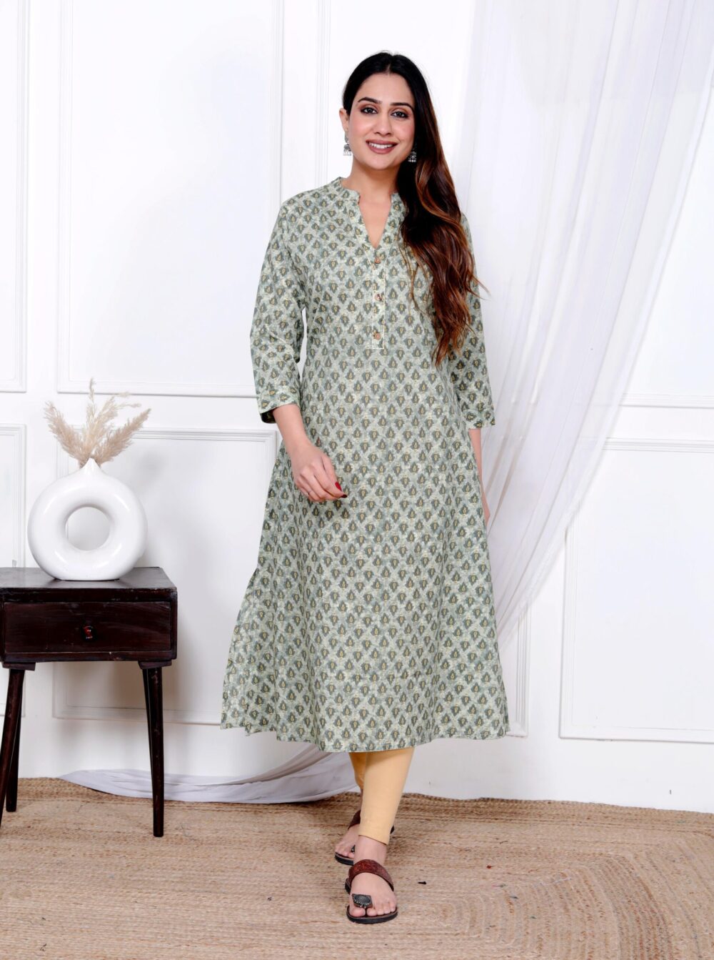 Green Floral Print A-line Kurti