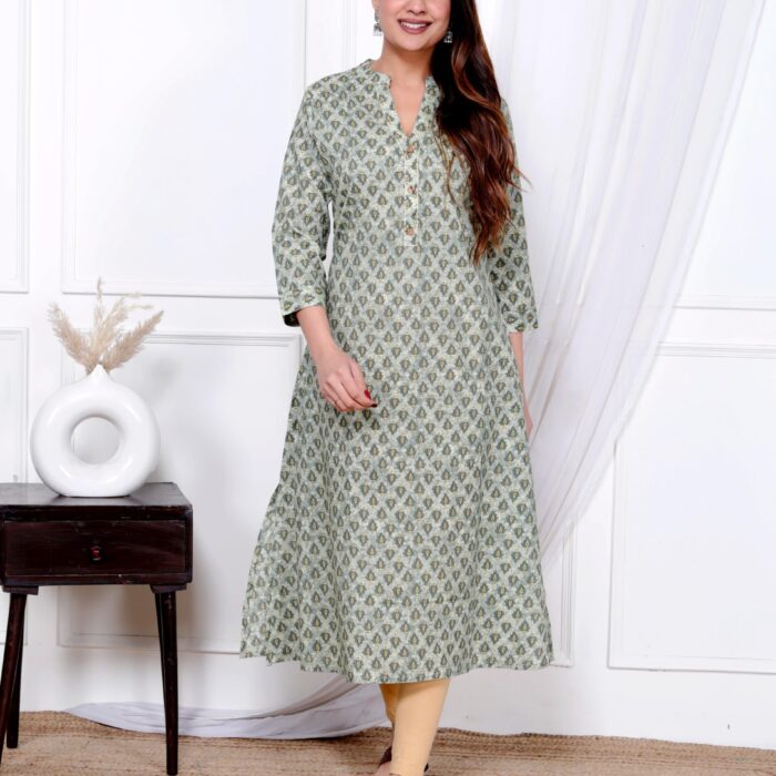 Green Floral Print A-line Kurti