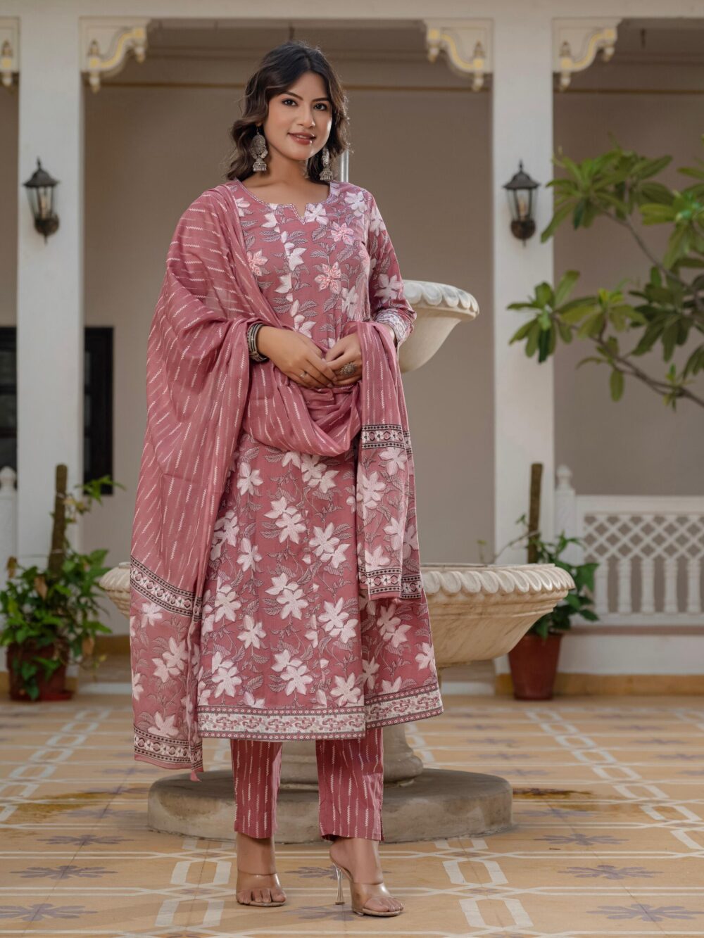 Dusty Rose Pink Floral Print Anarkali Suit Set