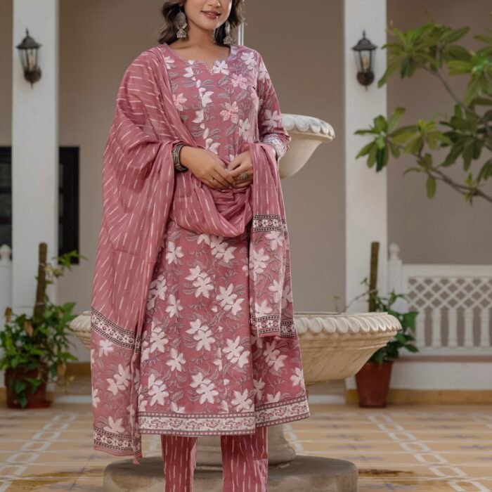 Dusty Rose Pink Floral Print Anarkali Suit Set