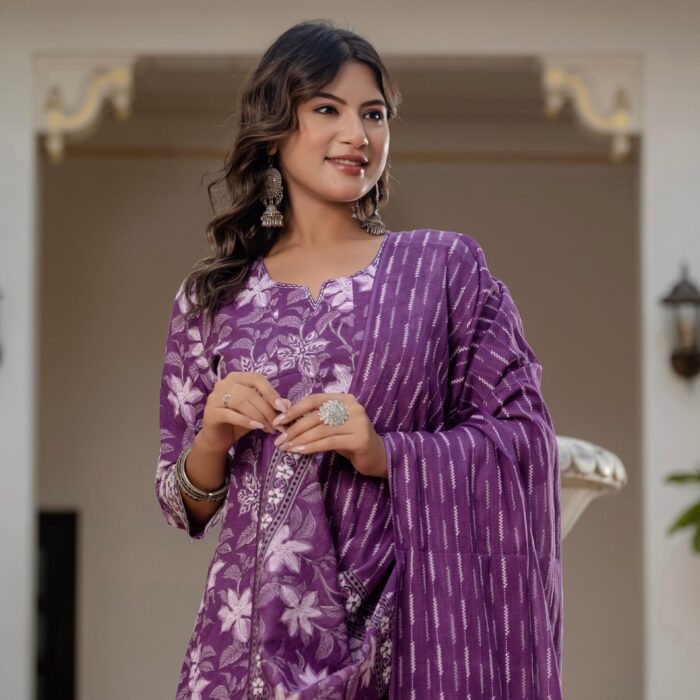 Lavender Anarkali Cotton Suit Set - Hk Vastra