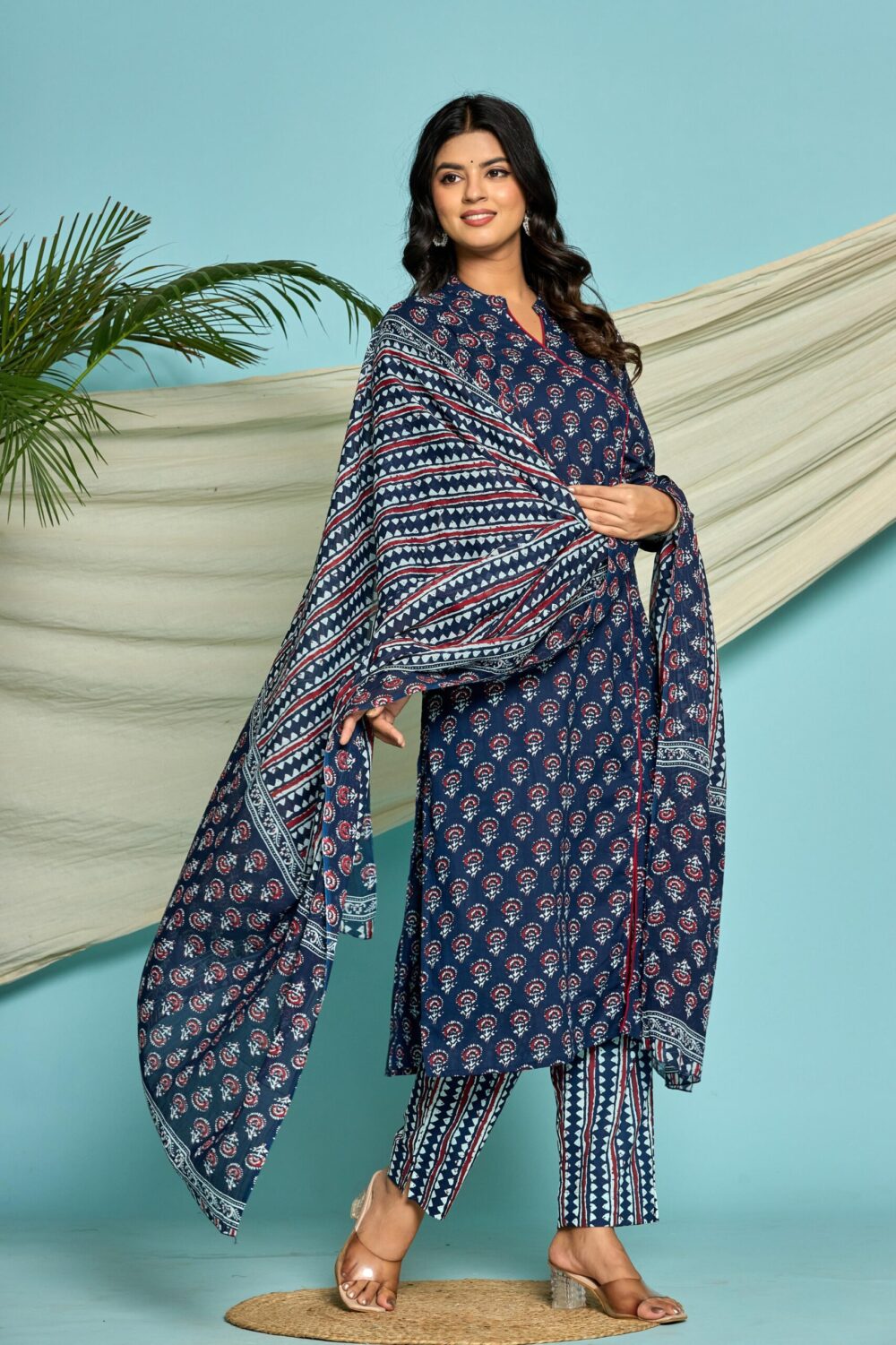 Blue Angrakha Cotton Suit Set