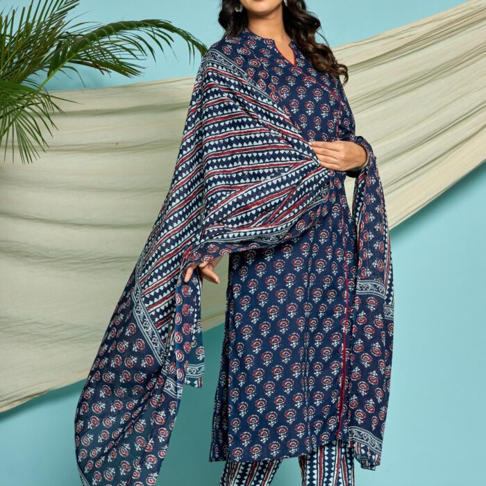 Blue Angrakha Cotton Suit Set