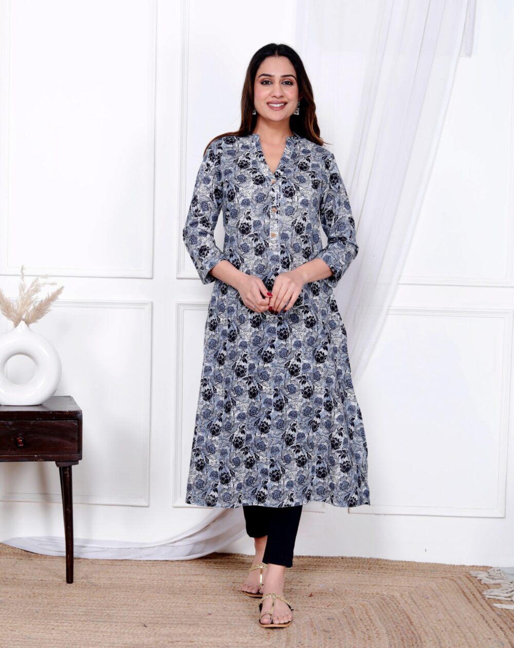 Grey with Black Printed A-line Kurti