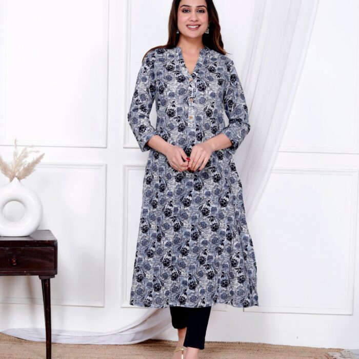Grey with Black Printed A-line Kurti