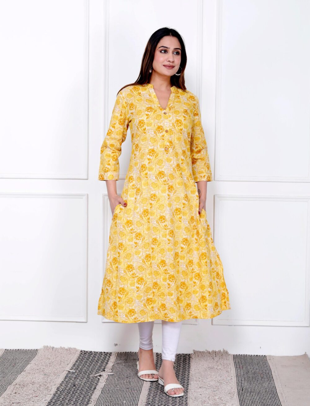 Yellow with White Printed A-line Kurti