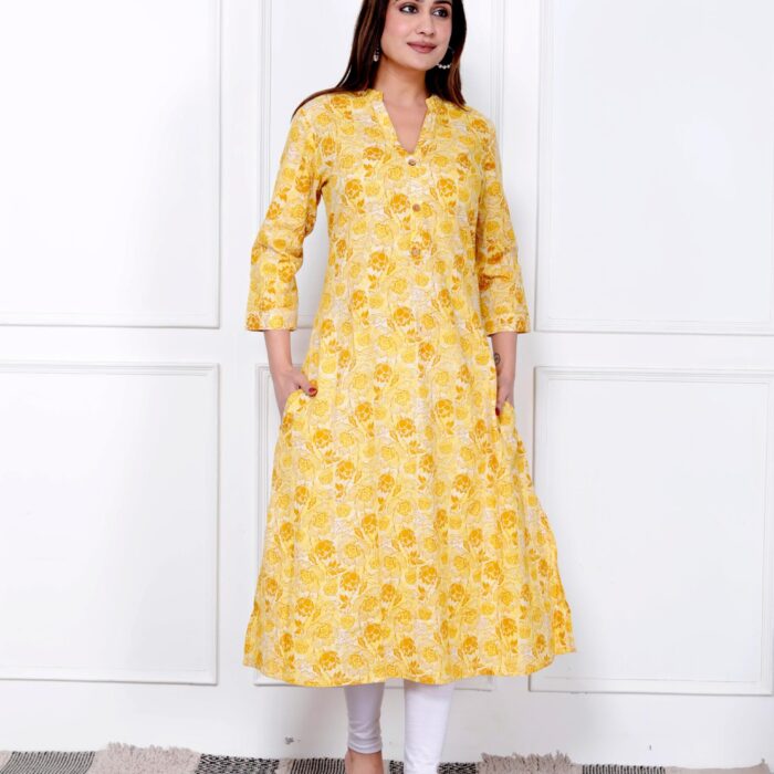 Yellow with White Printed A-line Kurti