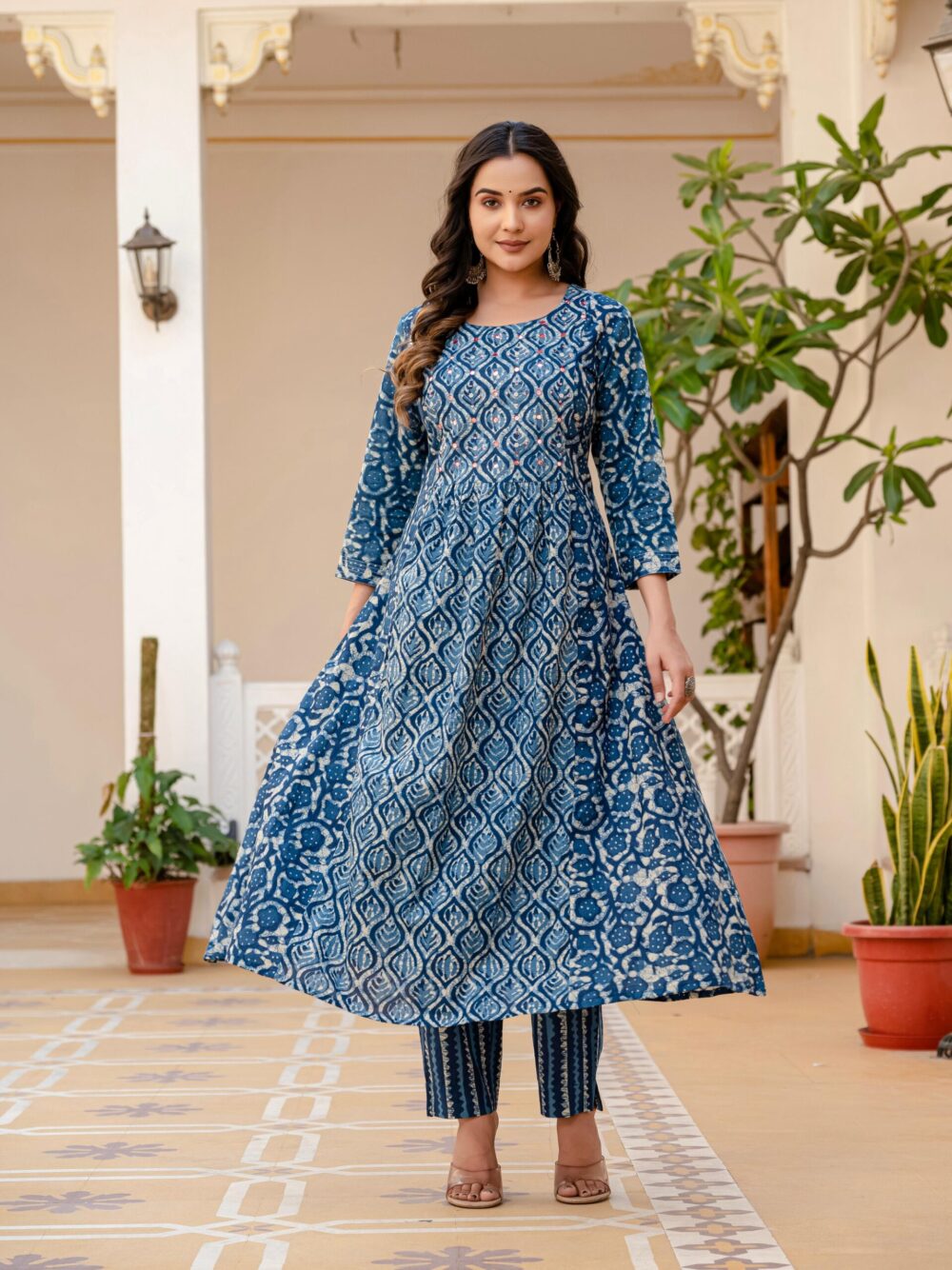 Blue with White Print A-Line Suit