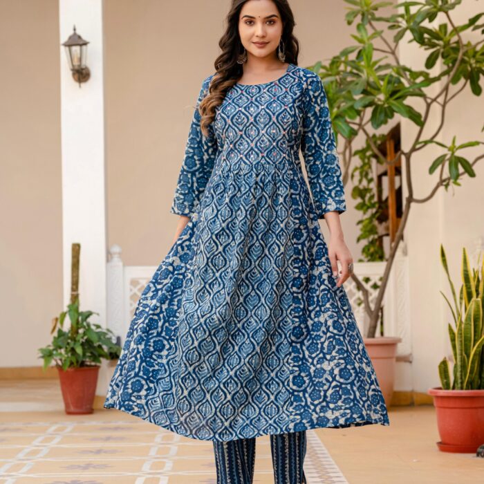 Blue with White Print A-Line Suit